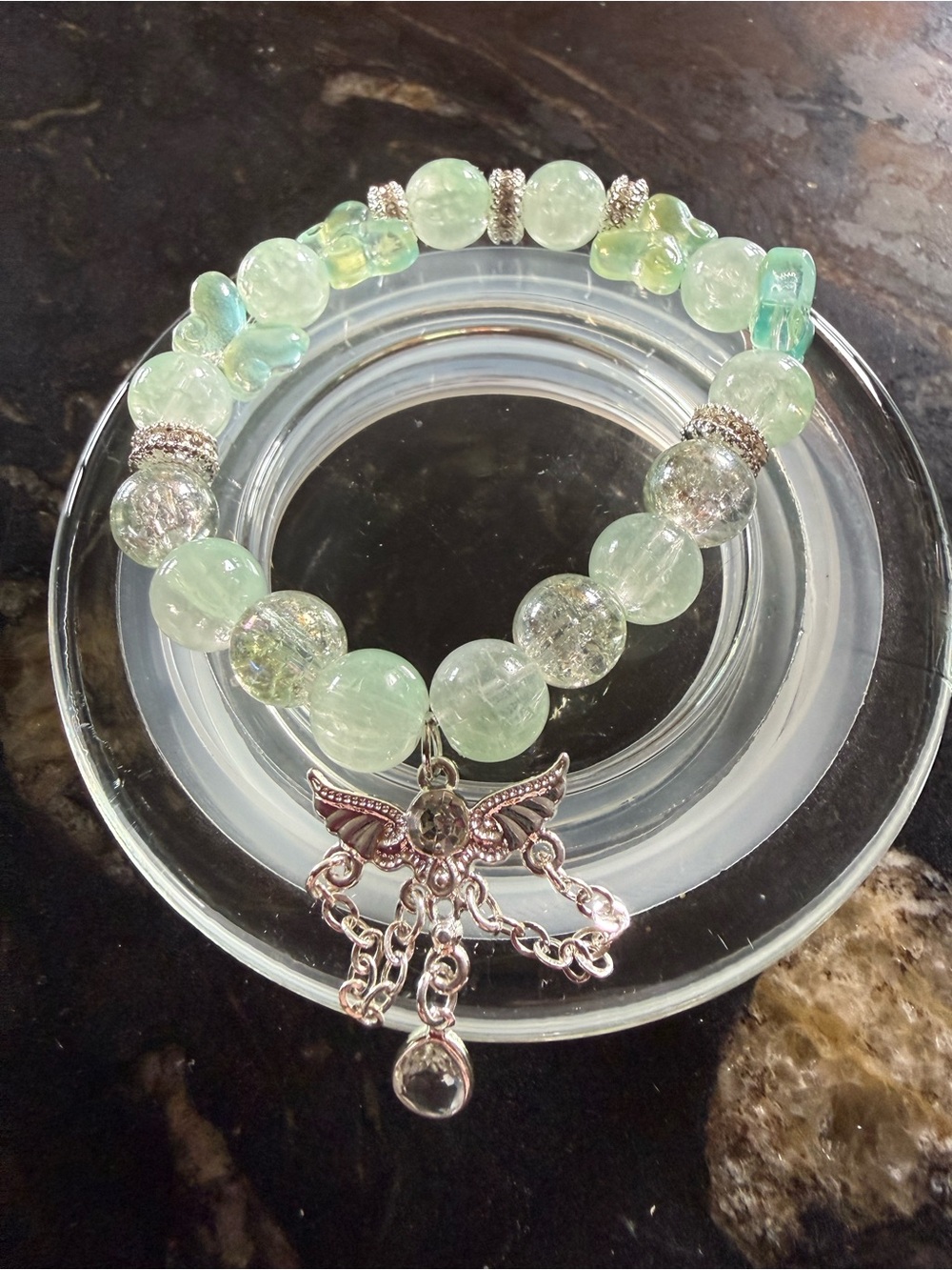 Silver Butterfly Charm Green Beaded Stretch Bracelet